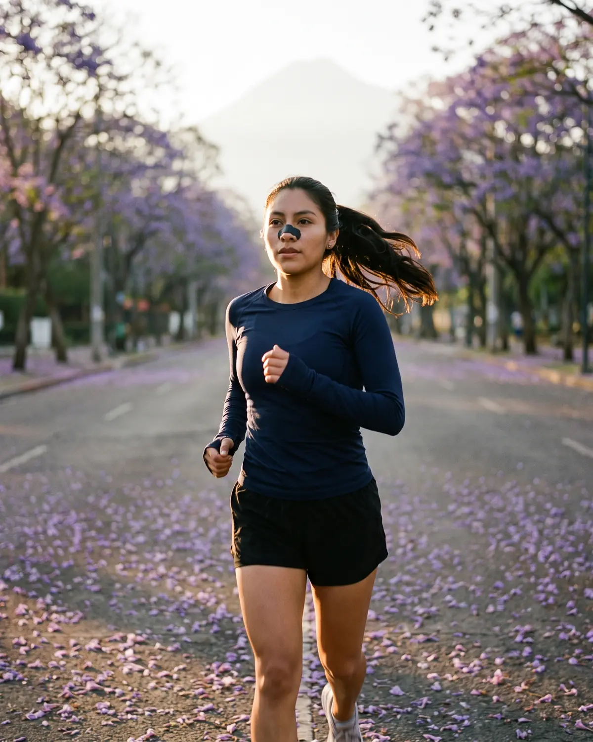 Una mujer corre bajo las jacarandas en flor con la tira VENTUS Nariz puesta; al fondo, el volcán.