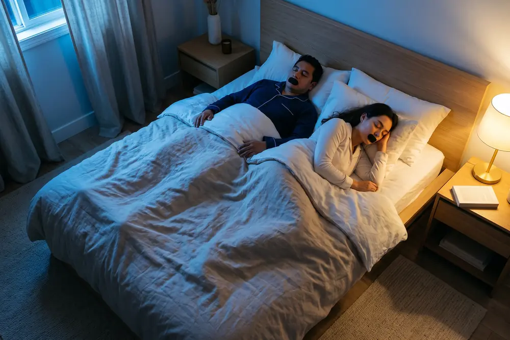 Una pareja duerme en la misma cama, los dos con la cinta VENTUS Boca puesta.