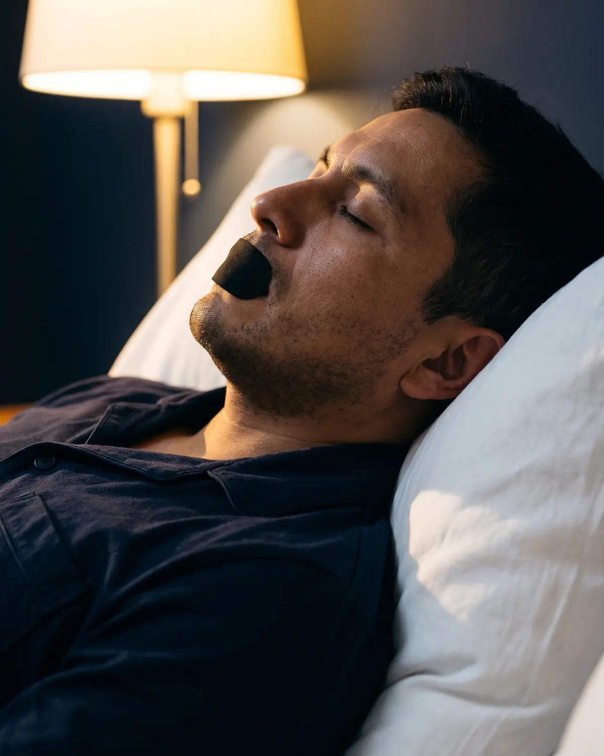 Un hombre duerme de lado con la cinta VENTUS Boca puesta, bajo la luz de la lámpara.