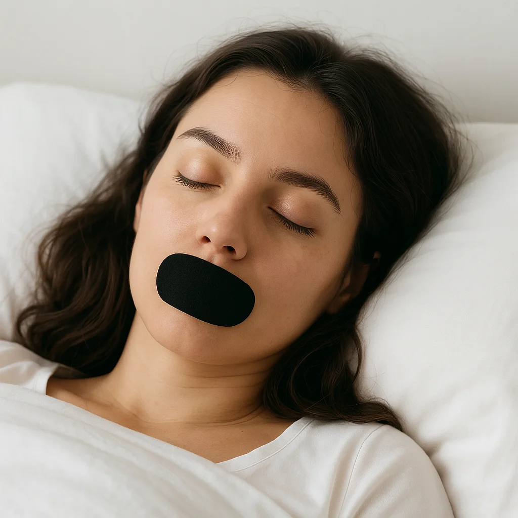 Mujer durmiendo con Mouth Tape VENTUS — respiración nasal nocturna